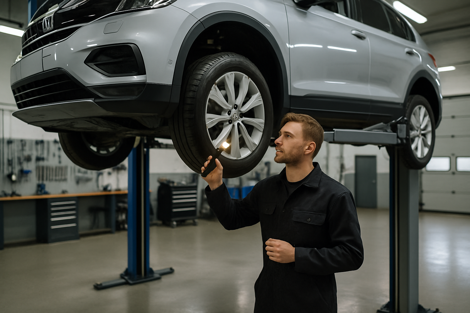 LMC technician inspecting a car on a two-post lift